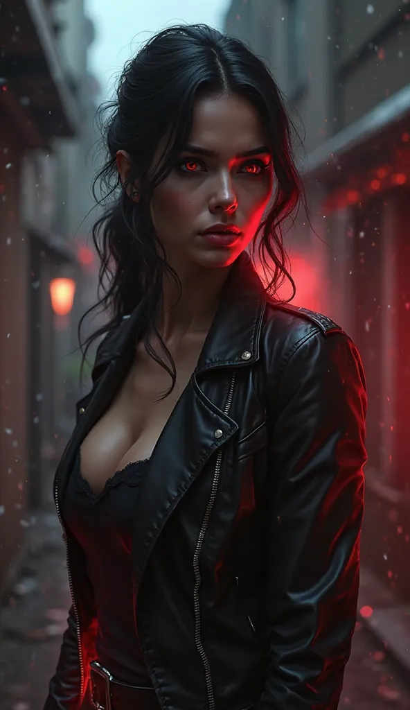 A tall woman in her 30s, beautiful, seductive and mysterious, a woman who has red eyes , black hair and elegant haircut , very feminine appearance.  In a dark and cloudy environment .  with a black leather jacket . And a red and mysterious aura terrifies y...