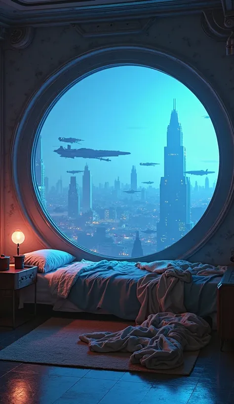 An ultra-realistic point-of-view image (throw), capturing the first-person perspective as you wake up inside a Jedi dormitory on Coruscant. looking at your feet, the bluish sunrise light crosses the large panoramic window, revealing the skyline filled with...