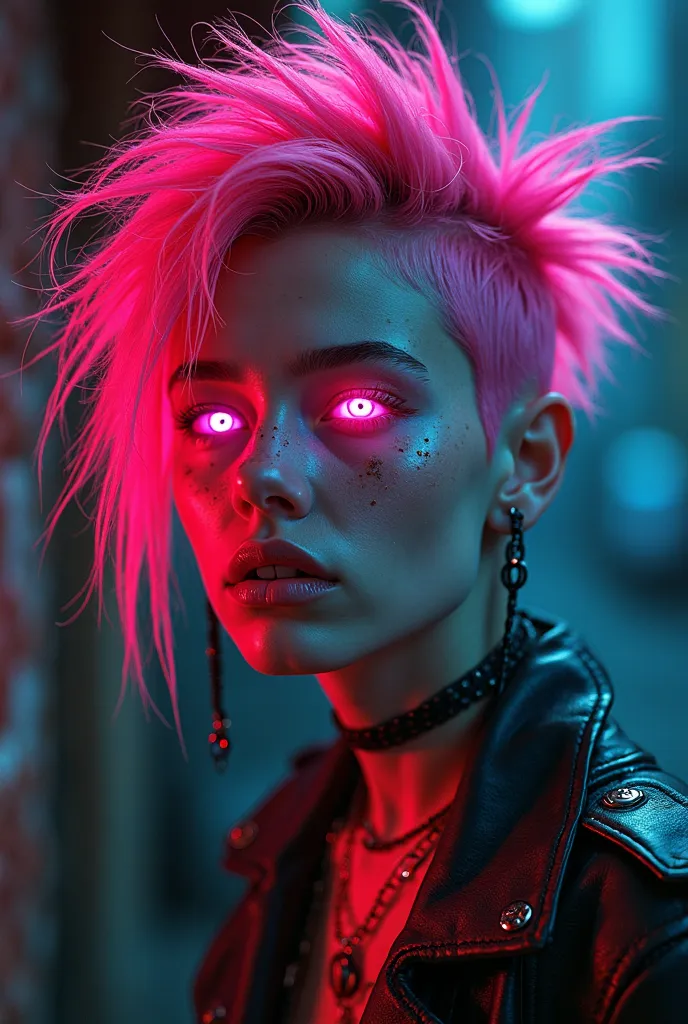 Pink hair punk girl with glowing pink eyes