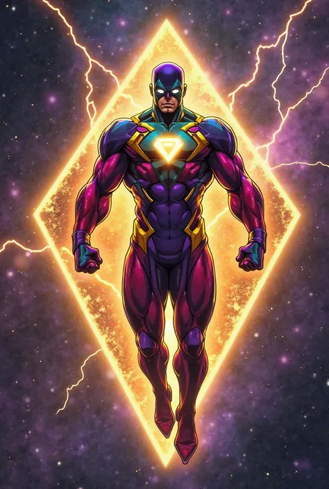 Cosmic superhero,  powerful and imposing figure,  adult male,  with a complex multi-colored suit,  a mix of  purple, red, yellow, and light green.  The suit appears almost otherworldly,  with glowing panels, radiating light, especially a large diamond-shap...