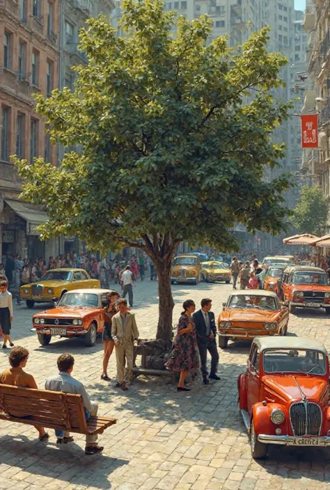  a square with benches ,  tree ,cars and people from the 1970s 