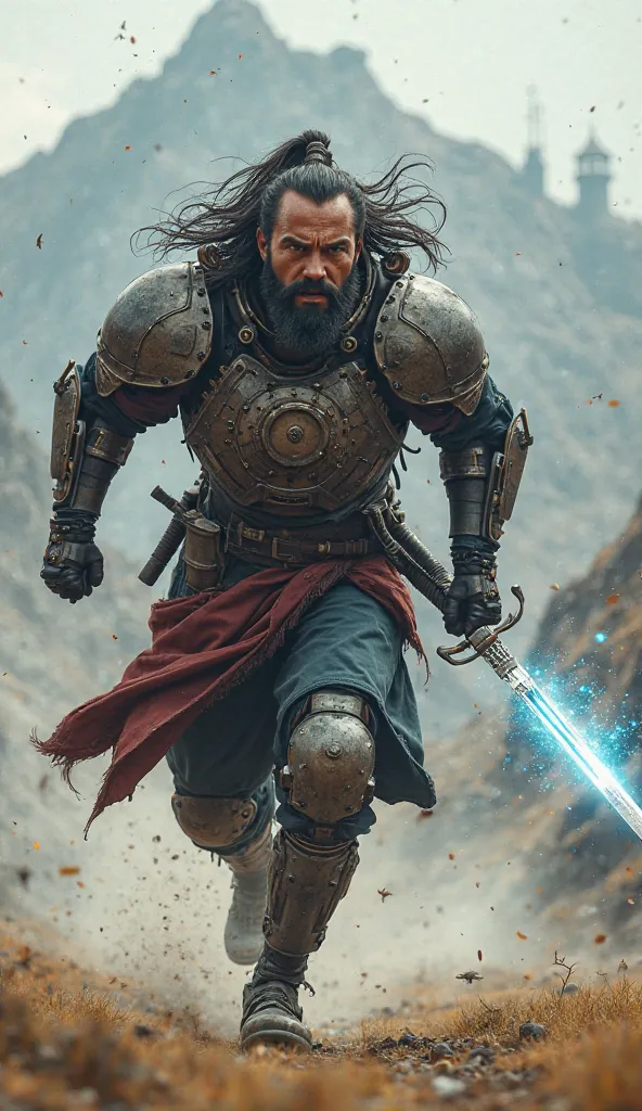 "Photorealistic depiction of a Mongolian swordsman, half cyborg, running to the camera. He is in heavy armor with mechanical enhancements: robotic shoulders and back, the power that supports him, and the energy blades built into the sword, that glow with b...