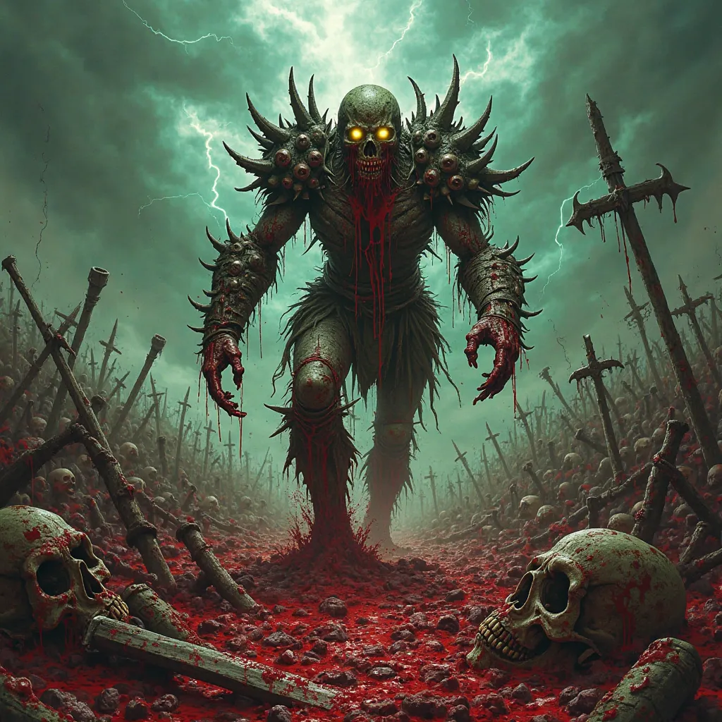 A brutal, grotesque death metal album cover depicting a decayed, zombie-like warrior emerging from a blood-soaked battlefield littered with shattered bones and rusted weapons. The sky is stormy and apocalyptic, with dark clouds and streaks of green lightni...