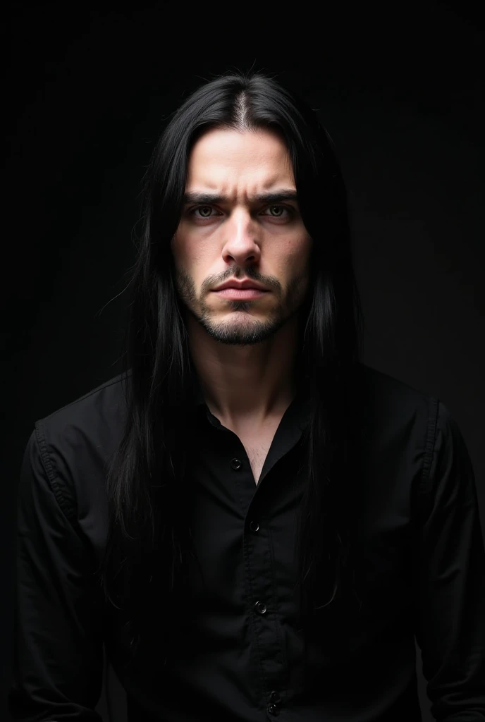 masculine man with pale skin about 26 years old on black background, slightly tilted head, in dynamic pose, male metalhead with very long straight black hair below shoulders, slight stubble and very thin lips, metalhead with frowning look and tired circles...