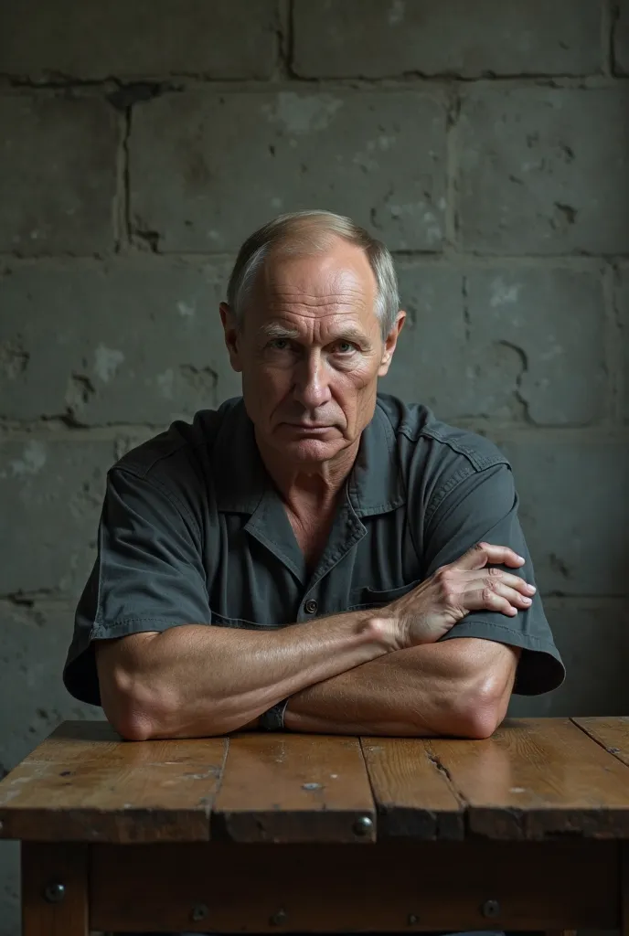 A man in his 40s and 50s sitting in a prison cell at a simple wooden table. He has short blond hair, a high forehead, deep wrinkles on his forehead and around his eyes, and a thin face with a serious, penetrating look. His face is most similar to Vladimir ...