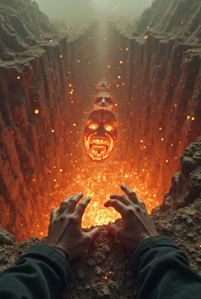 Ultra-realistic first-person POV (hands gripping a ledge, desperate) – As the carnage unfolds, you glimpse the endless abyss below—souls continue to fall, swallowed by a swirling void of black fire and twisted figures.

Textures: The ground is covered in s...