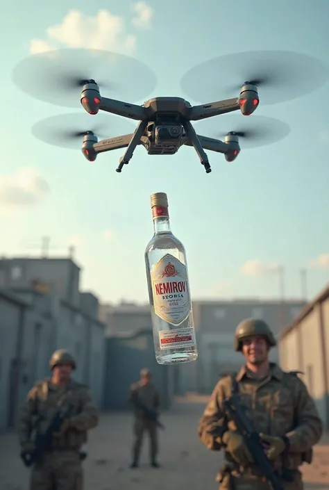 A quadcopter throws off a bottle of Nemirov vodka from a height to the military