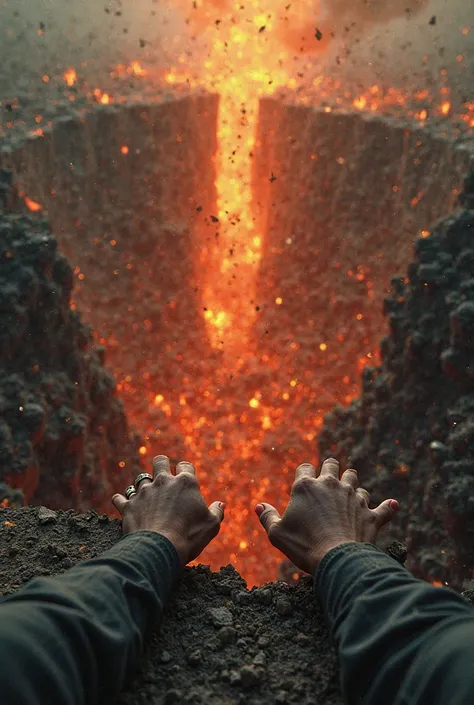 Ultra-realistic first-person POV (hands gripping a ledge, desperate) – As the carnage unfolds, you glimpse the endless abyss below—souls continue to fall, swallowed by a swirling void of black fire and twisted figures.

Textures: The ground is covered in s...