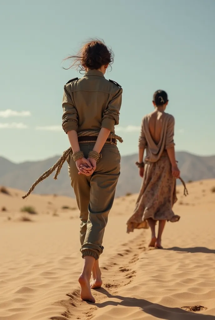 A woman in military uniform walks barefoot through the desert, her hands are tied behind her back, wrists are crossed and wrapped in rope, behind is a gypsy woman with a whip, side view of the picture, Sunny day