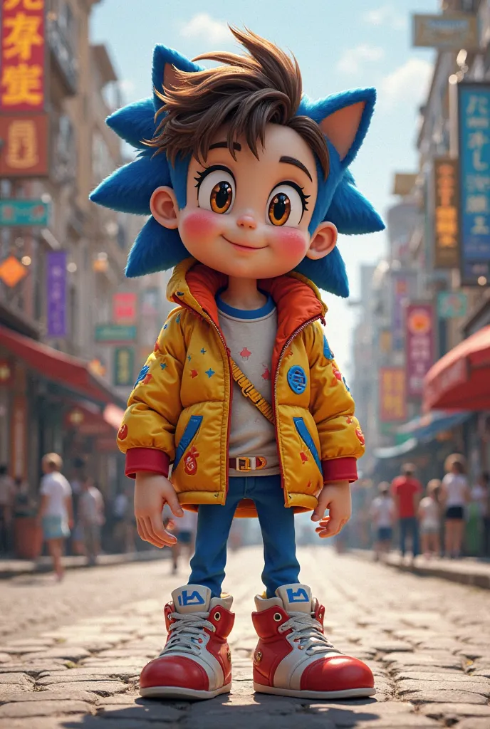 ASAPH GAEL a  boy,curly brown hair cut very low,light brown eyes, pink cheeks,Dressing up the street with Sonic clothing,the image comes to life and magic with animated Pixes