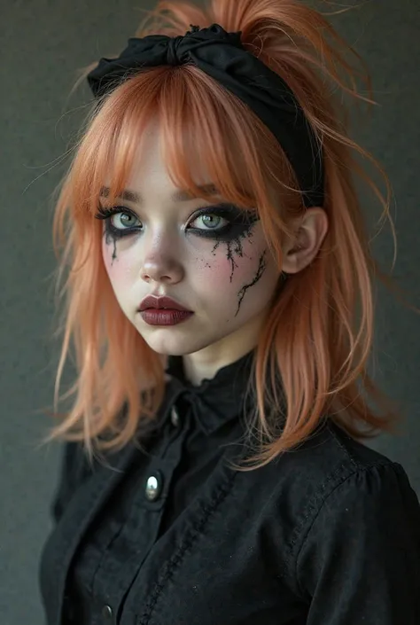 An Indonesian girl with dyed Strawberry blonde hair, a spiky headband, gothic clothing and makeup