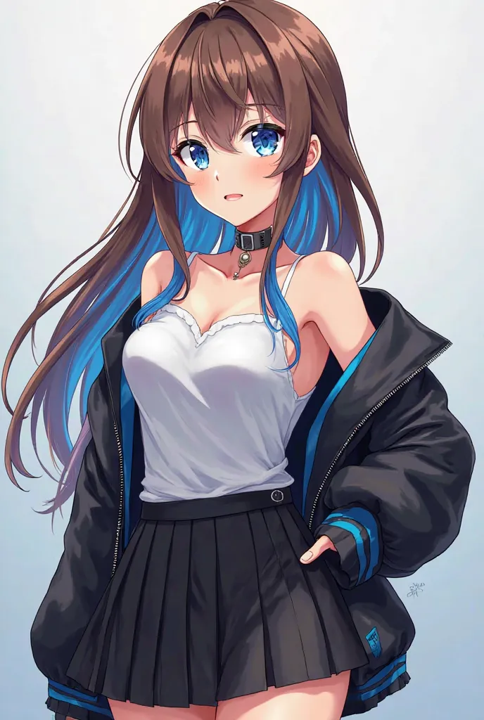 Here is a prompt to generate an anime model with brown hair, blue highlights and a unique and beautiful physique:

Prompt:
"An anime model with stunning light brown hair, medium and fluid, with striking blue highlights that go from a striking blue from roo...