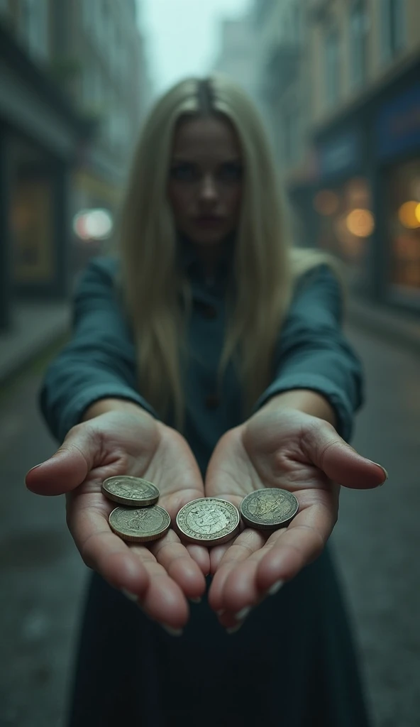 A woman's hands are found with 3 coins in the blurry street without people. 