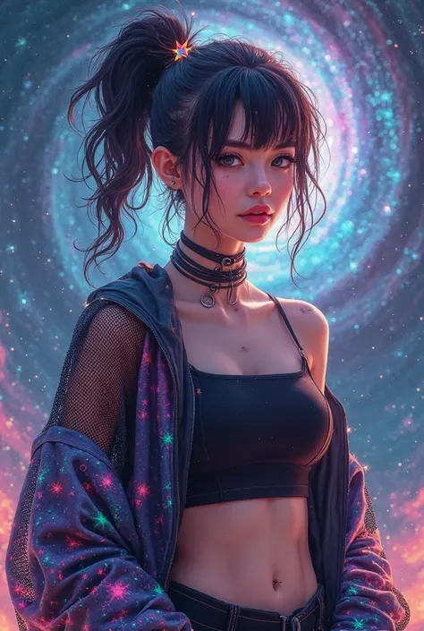 Create me a image of a 18 year old girl in a galaxy mesh jacket a black tube top and black shorts with purple messy high ponytail with star hair clips and face piercing