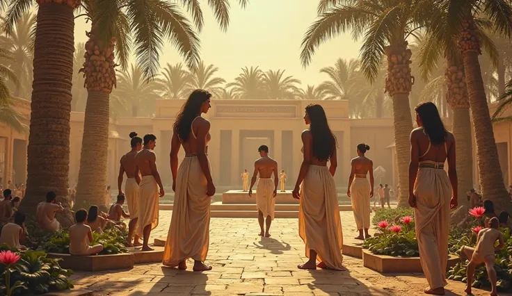 An everyday scene in Ancient Egypt that shows the sexual freedom of the time, without taboos or modern repression. Men and women converse in a lush garden, adorned with palm trees and lotus flowers, while musicians play the harp and flute. Couples court el...