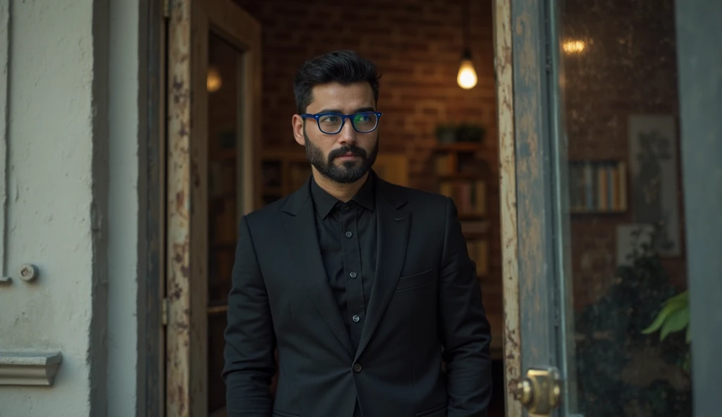 A MAN ABOUT 40 YEARS OLD, WITH BLACK HAIR AND A NICE BEARD WITH BLUE-FRIMED GLASSES, VERY ELEGANT IN BLACK CLOTHES, STANDING AT THE DOOR OF THE APARTMENT PENSIVELY.