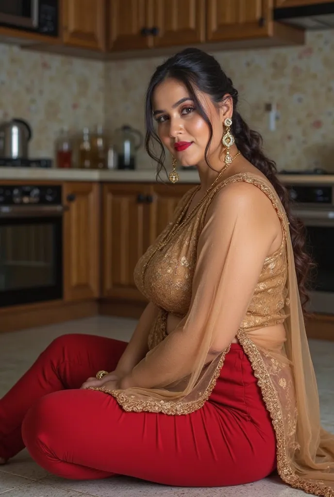 I am 40 year old plus size tall and big giant indian muslim women, looking like rusian actress nuri ihlasova, wearing a gold boarded sleeveless transparent tan kurti and shining reflective glossy red knee length leggings ,golden nose rings,nose stud, ankle...