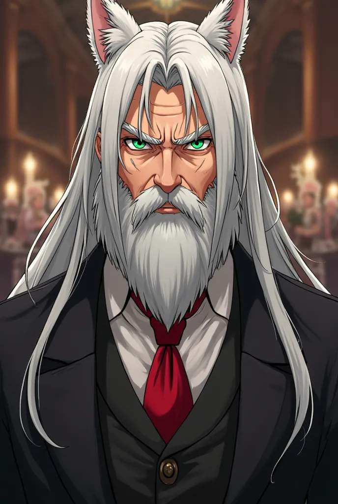 anime style, , mature man with long and straight white hair seen full length, Not very big white beard, radiant green eyes,without normal ears but with cat ears above his head with a serious look, with a big white beard and muscular in a war, wearing black...