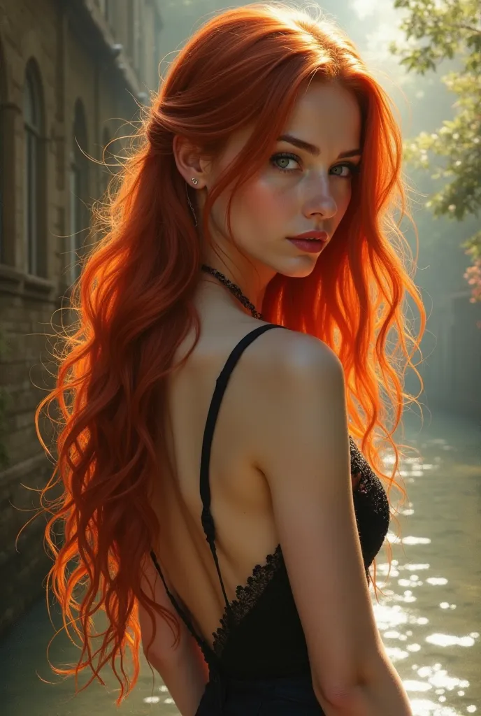 Create the profile image of a red-haired woman with her back