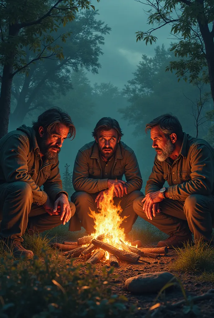 Draw me a 3 mens at forest around the  fire in zombie apocalypse 