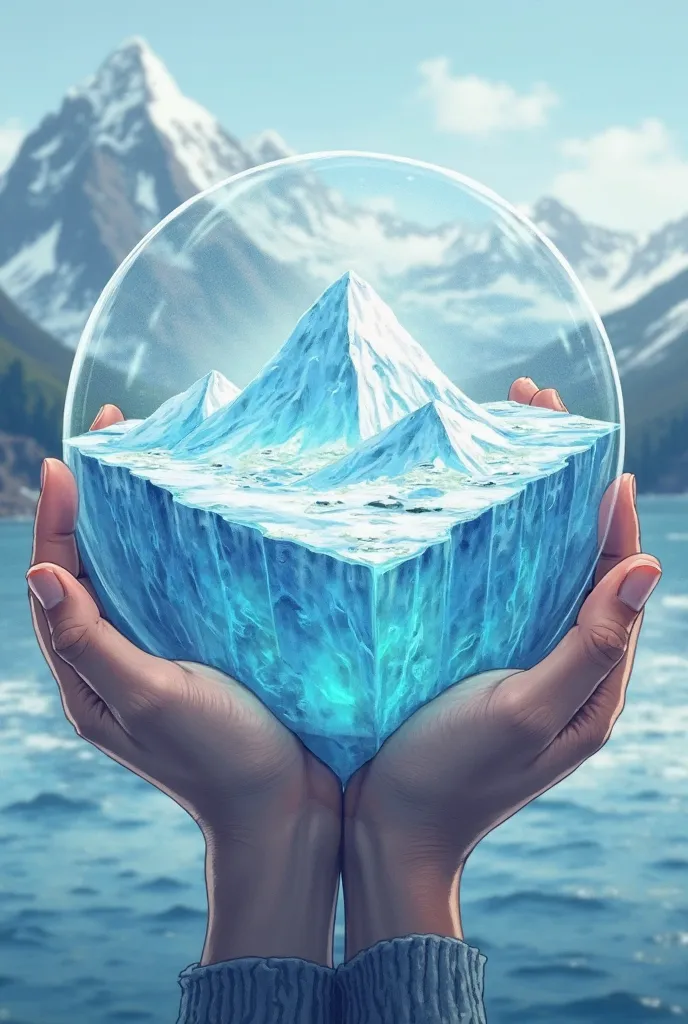 3.	Glacier as a precious resource: Illustrate a glacier wrapped in a transparent film or glass sphere, with hands that gently protect it, emphasizing the importance of treating glaciers as delicate resources and to be preserved.