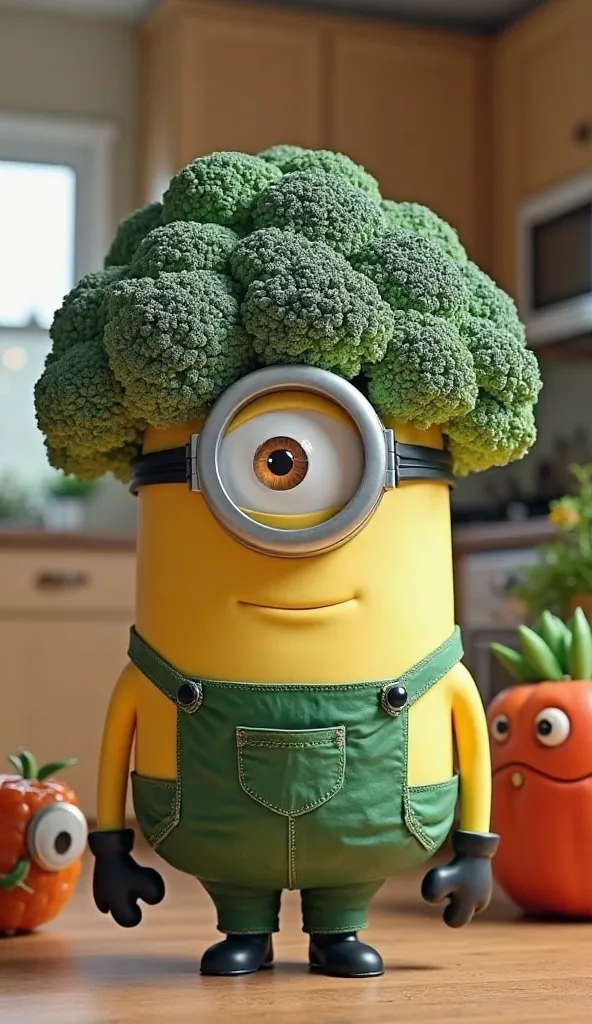 "A Minion transformed into a broccoli, with his head covered in fluffy green florets while his body is a thick green stalk. His goggles peek out from the broccoli texture, and he has a proud stance as if promoting healthy eating. The background is a playfu...