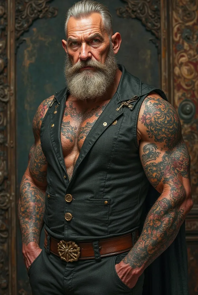  older man,Elegant dress, with beard,  muscular,chestnut,green eyes, tattooed