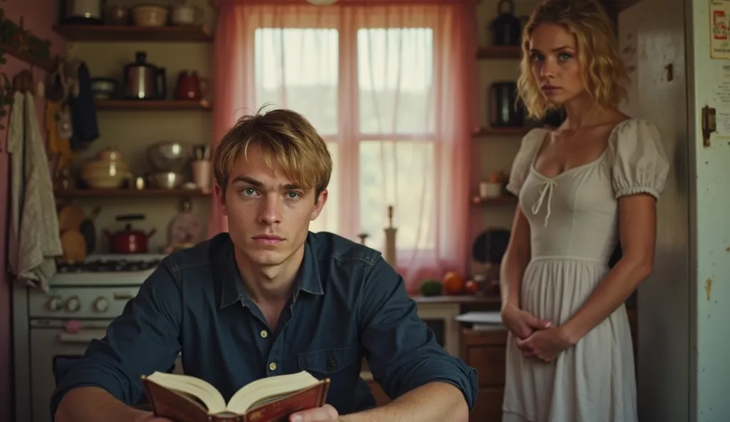 "A young man with short blonde hair sits in a small, rustic kitchen, reading a book with a focused expression. He wears a dark blue shirt, and his posture suggests concentration. Behind him, a woman with wavy blonde hair in a simple, vintage-style dress st...