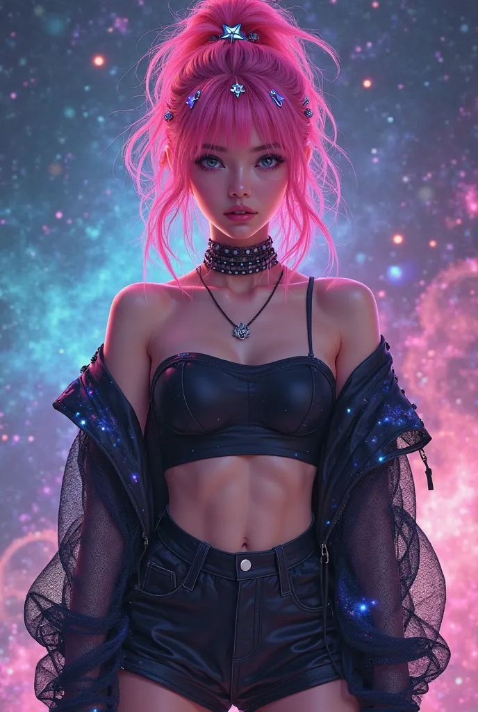 Create me a image of a girl in a galaxy mesh jacket a black tube top and black shorts with neon pink hair with a messy high ponytail with star hair clips and piercing