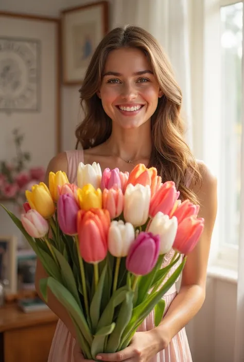 The most realistic professional photo. A beautiful girl is in a room illuminated by sunlight. In one hand she holds a stylish professionally assembled set of balls of bright shades by an experienced aerodesigner, in the other hand she holds a large bouquet...