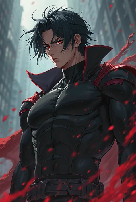 An anime-style image of a tall, strong black-haired man with medium-long red details looking to the side 