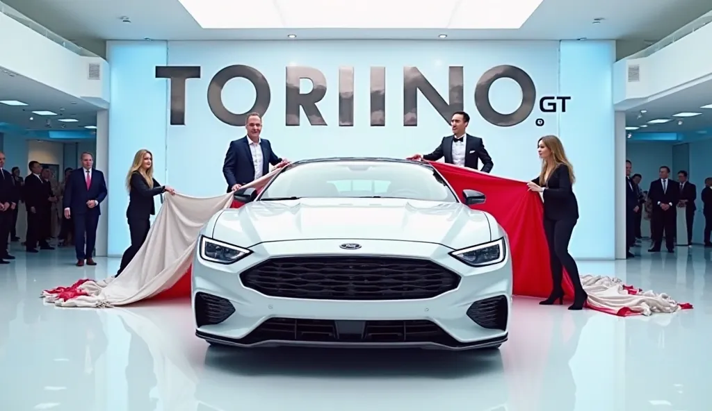 A captivating image of a ( 2025 ford Torino gt )center stage in a luxurious white showroom. The futuristic, vibrant (full white) exterior gleams, showcasing its sleek, aerodynamic design and bold accents. The words (torino gt) are prominently displayed in ...