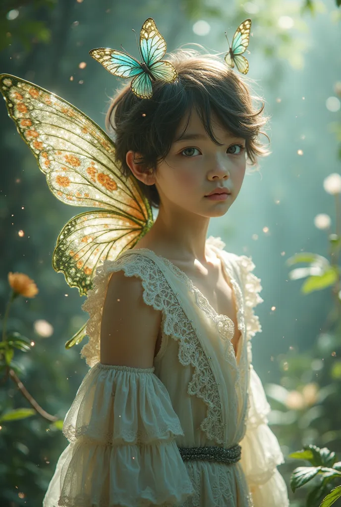 1boy ,fairy, butterfly wings, beautiful clothes,(high resolution, high detail, best quality), medium breasts