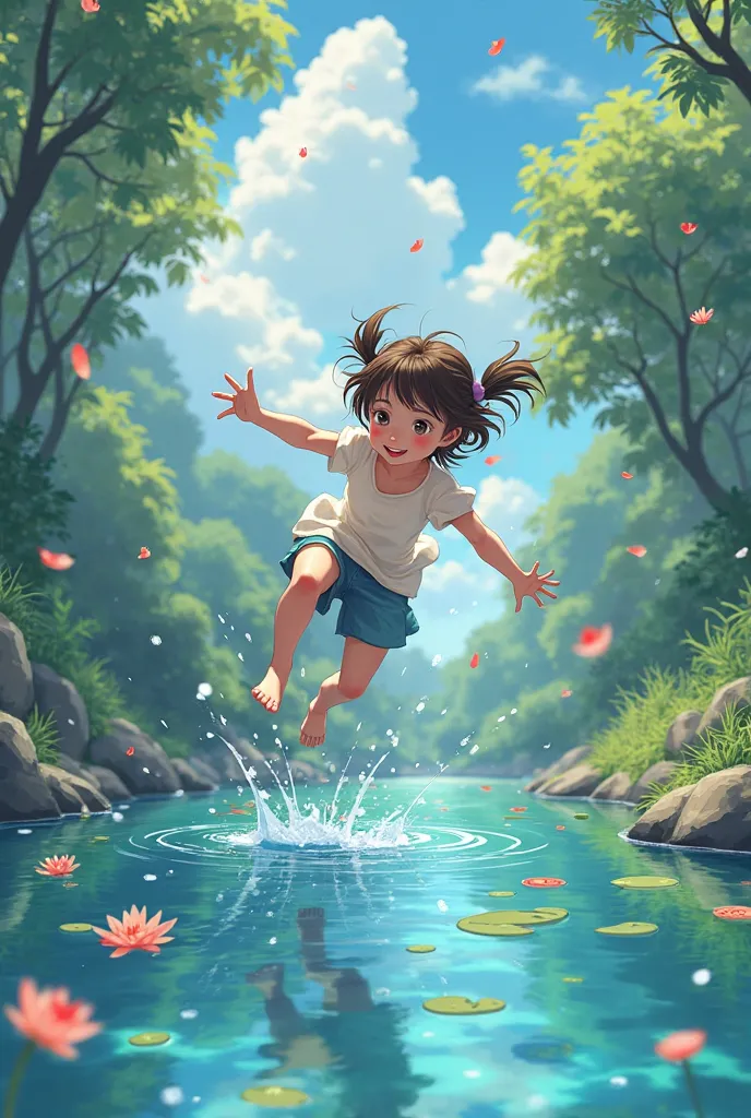 I need you to make an image of a  tripping backwards into water in anime style please 