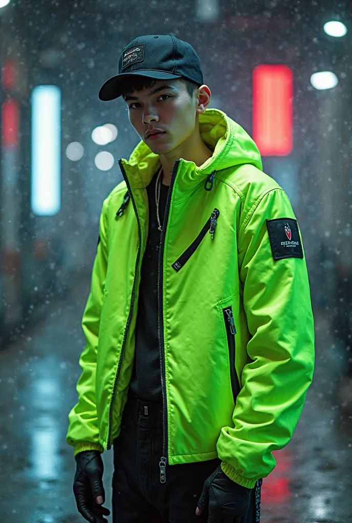 Young man wearing a closed fluorescent green jacket with black cap and full body black pants