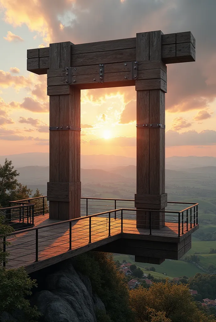 A breathtaking elevated wooden structure resembling a large open window frame, standing against a panoramic view of a vast valley. The structure is made of dark brown wood with multiple rectangular frames connected by large metal hinges, giving it an artis...