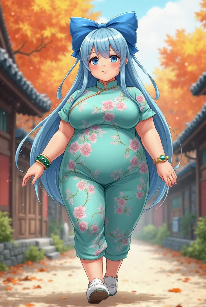 anime very obese busty girl with big blue bow on the back of her head long sky blue hair blue eyes aquamarine short sleeve aquamarine cheongsam with pink vine pattern soft skin tight pants green bracelet with aquamarine stone on left wrist beach socks and ...