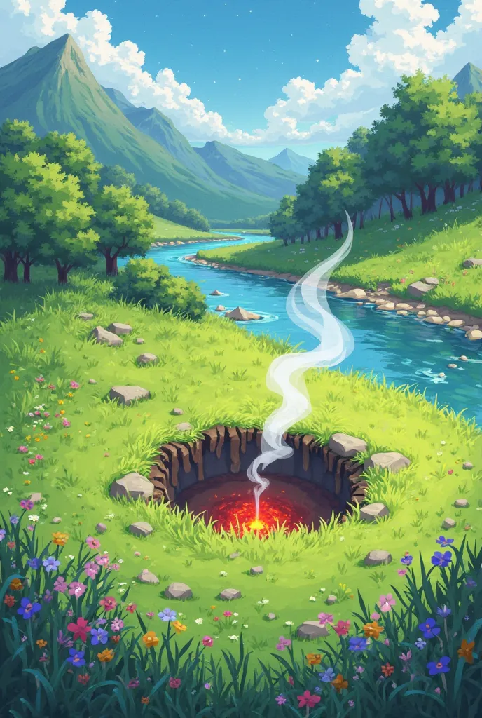 cartoon, anime, small crater with heat and smoke but not too deep and large, grassy, river, anime style