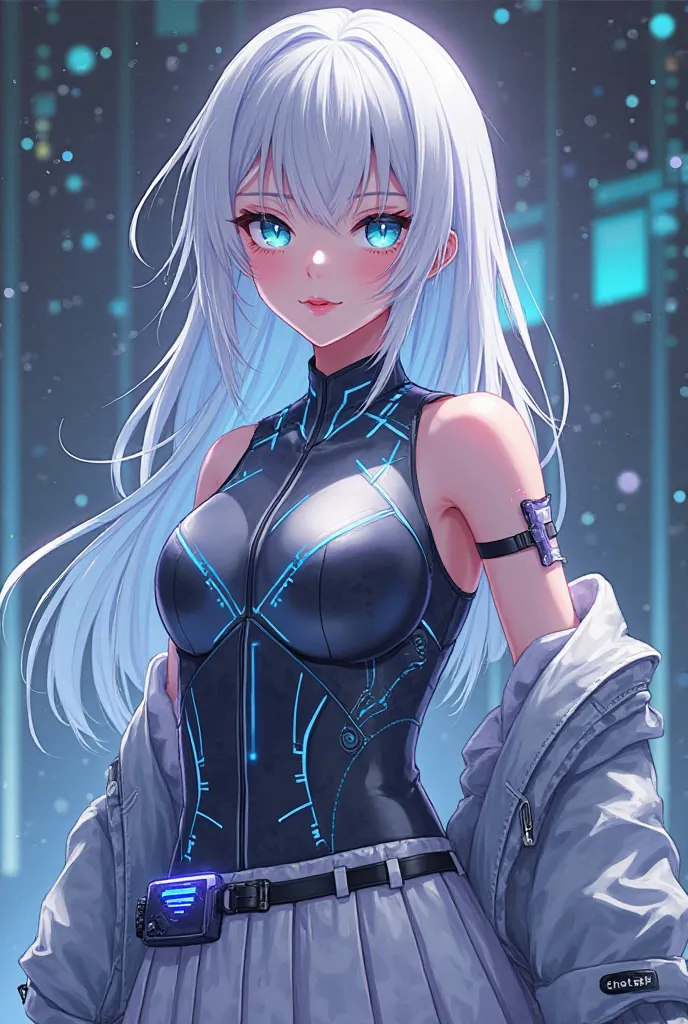 18 year old anime girl with: •	Hair: A sleek, silvery-white with some hints of electric blue or purple to give a digital, tech-inspired feel. It could be styled in a sharp, modern bob or sleek long hair that moves with an almost fluid, algorithmic motion.
...