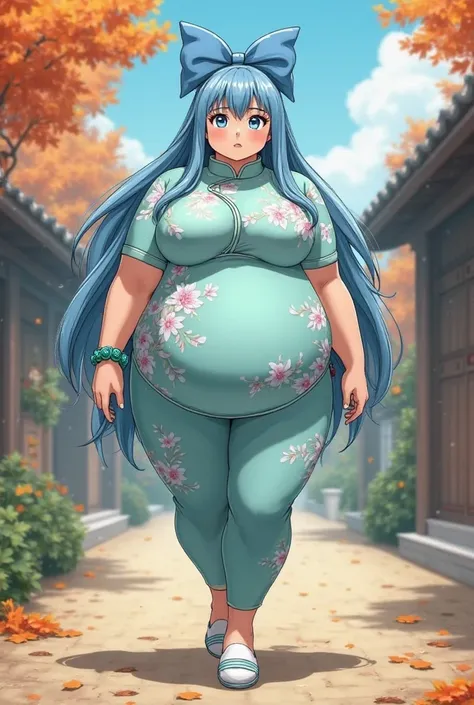 anime very obese busty girl with big blue bow on the back of her head long sky blue hair blue eyes aquamarine short sleeve aquamarine cheongsam with pink vine pattern soft skin tight pants green bracelet with aquamarine stone on left wrist beach socks and ...