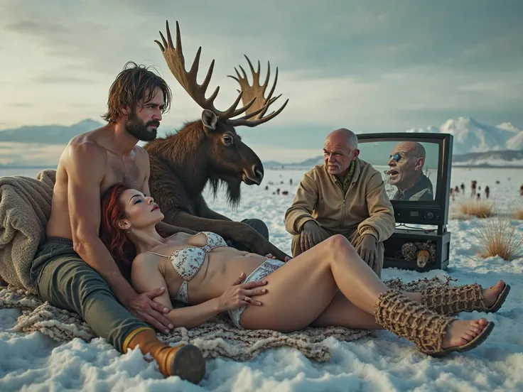 In a beautiful place in the deserted Arctic, a man with a very thin autumn bob haircut hugs a moose. next to him lies a plus size woman in a bikini, in rubber boots, its body is wrapped around it with barbed wire. Behind him sits on a couch an old bearded ...