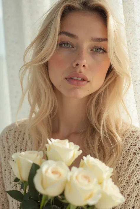 A blonde woman with long light hair with light waves , She's wearing a cream-colored knitting thing , Holding a bouquet of white roses she smells like roses her face appears only on one side , The background is of a light curtain coming in a breeze from th...