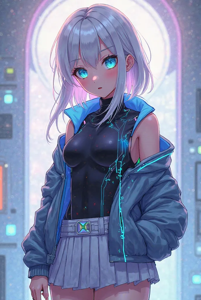 18 year old anime girl with: •	Hair: A sleek, silvery-white with some hints of electric blue or purple to give a digital, tech-inspired feel. It could be styled in a sharp, modern bob or sleek long hair that moves with an almost fluid, algorithmic motion.
...