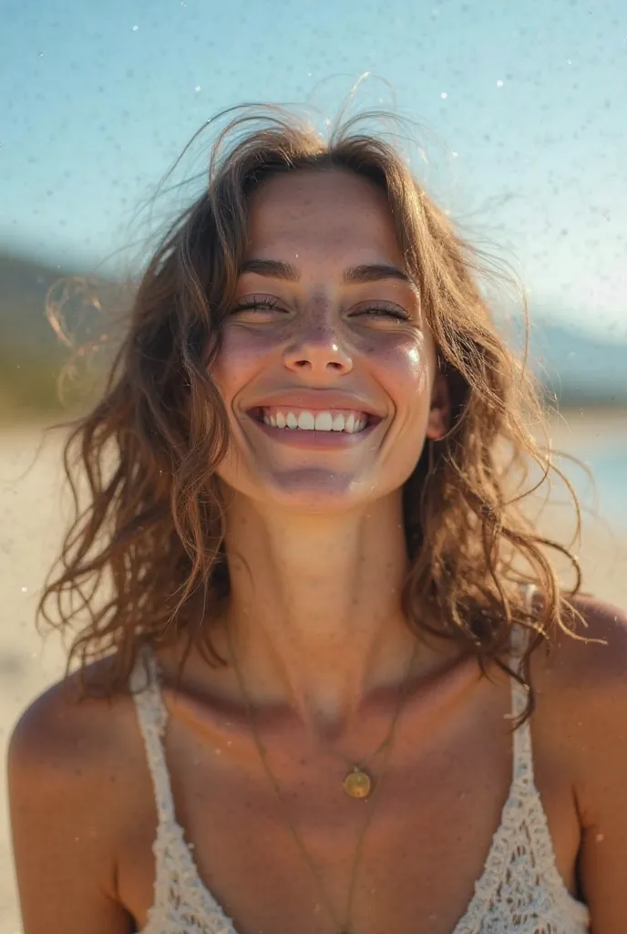 natural woman smiling, smiling woman,pretty face,cheerful expression,relaxed posture,bright light,wavy hair, soft light,natural scenery,Campo verde, blue sky,artistic photography,realistic portrait,vibrant colors,high resolution,4K, fine details,Careful li...