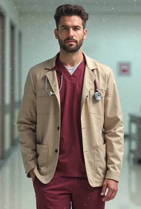 Red wine medical uniform with beige jacket for men