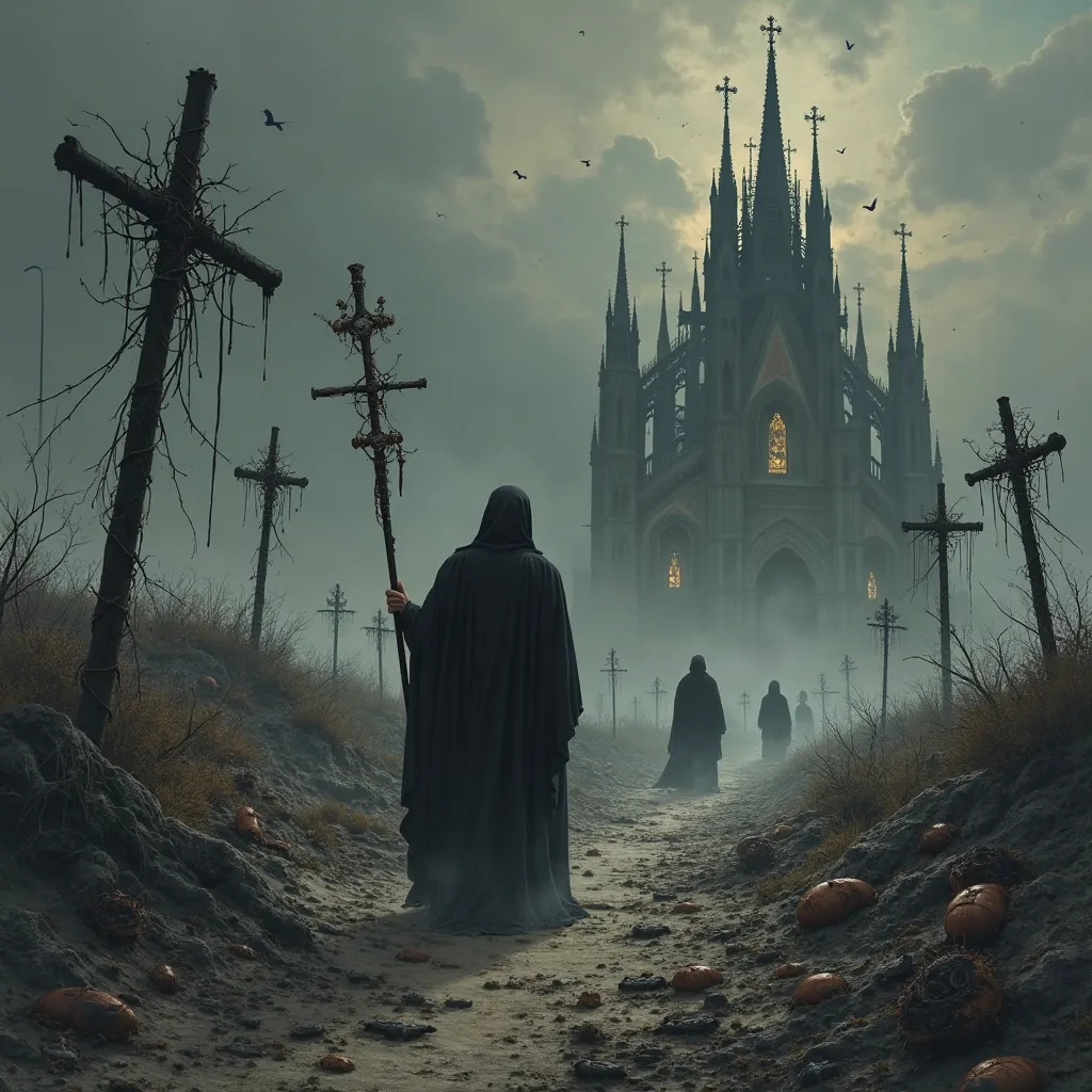 "An epic, atmospheric black metal album cover depicting a lone, cloaked pilgrim walking through a desolate, thorn-covered landscape under a starless, ash-gray sky, carrying a staff adorned with broken crucifixes. The ground is littered with decayed bodies,...