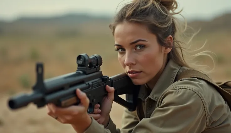 An american woman in her 30s in action holding a machine gun