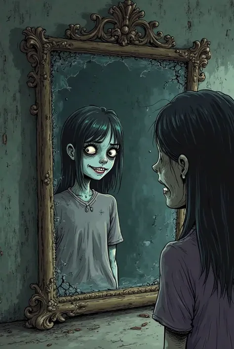 Serious cartoon in the style of charge. An old, cracked mirror reflects a figure that should not be there. The person looking at the mirror has a frightened expression,  while behind her , In the reflection, a gloomy silhouette with completely black eyes a...