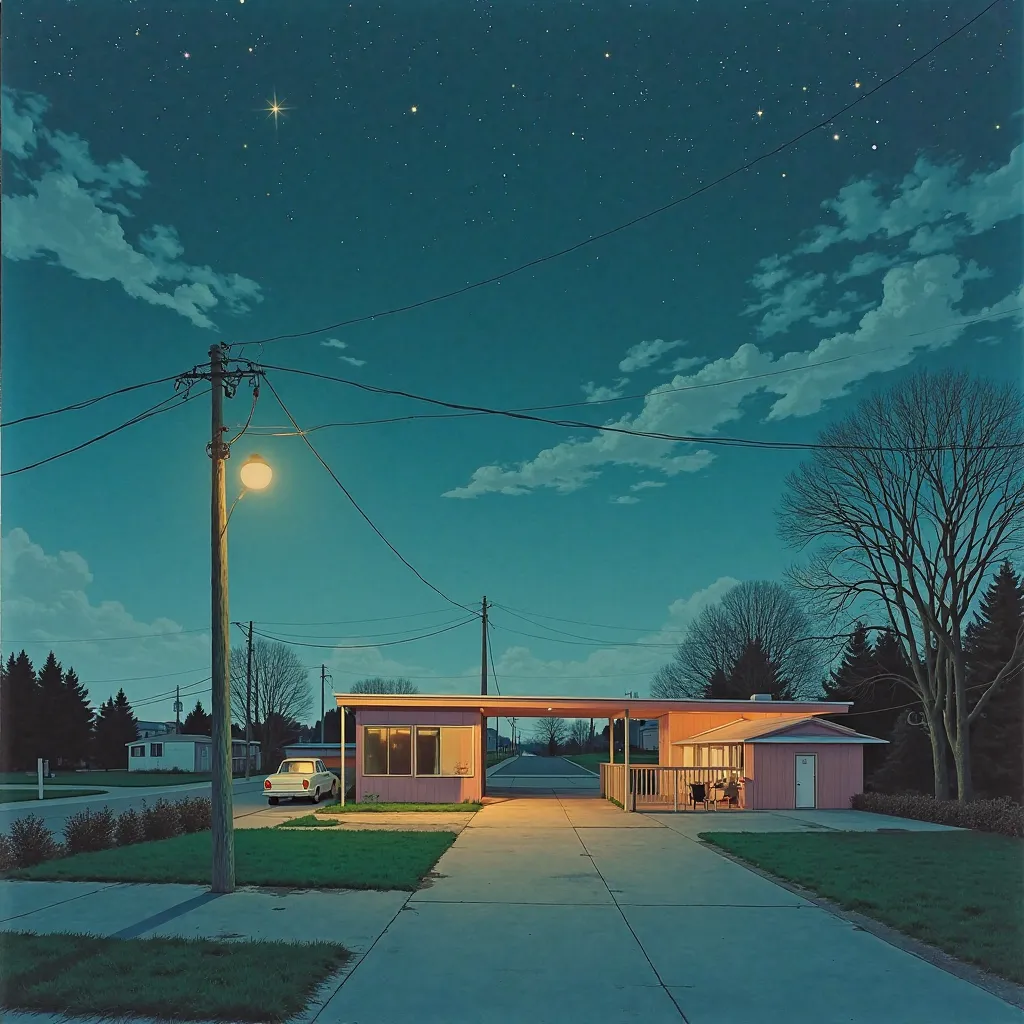 Hirhiroshi nagai painting. Sleep paralysis. Retro futuristic. Mundane liminal suburban town, low income. Poland. Stars