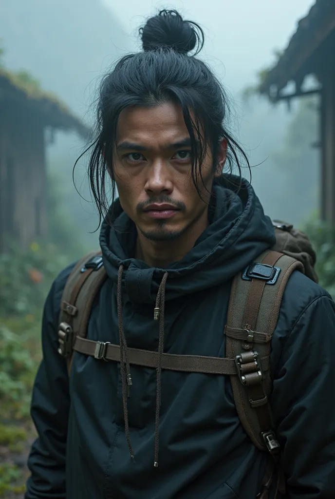 Young Male handsome with nobeard native Hawaiian with manbun hair wearing black cold weather hiking clothing  , misty abandoned village background ,  silent hill atmosphere, dark , closeup